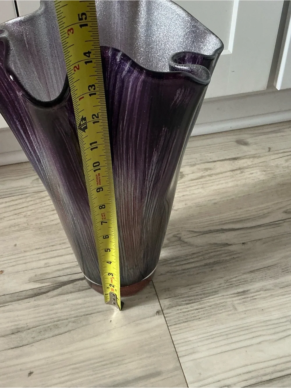 Vtg Murano handkerchief art glass vase purple with green metallic 14.5”